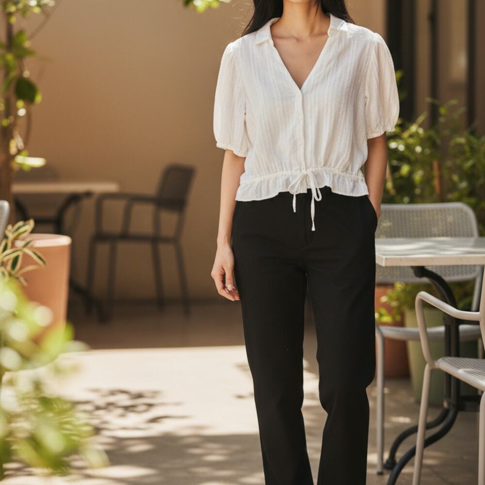 REWASH Women's white cropped button-down top with tie hem Medium 6-10